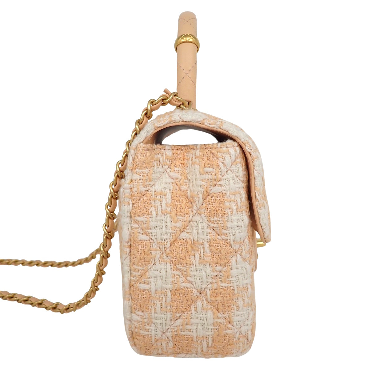 Matelassé Top Handle Coco Mark Mini Chain Shoulder Bag Tweed Leather Pink Ivory AS4035