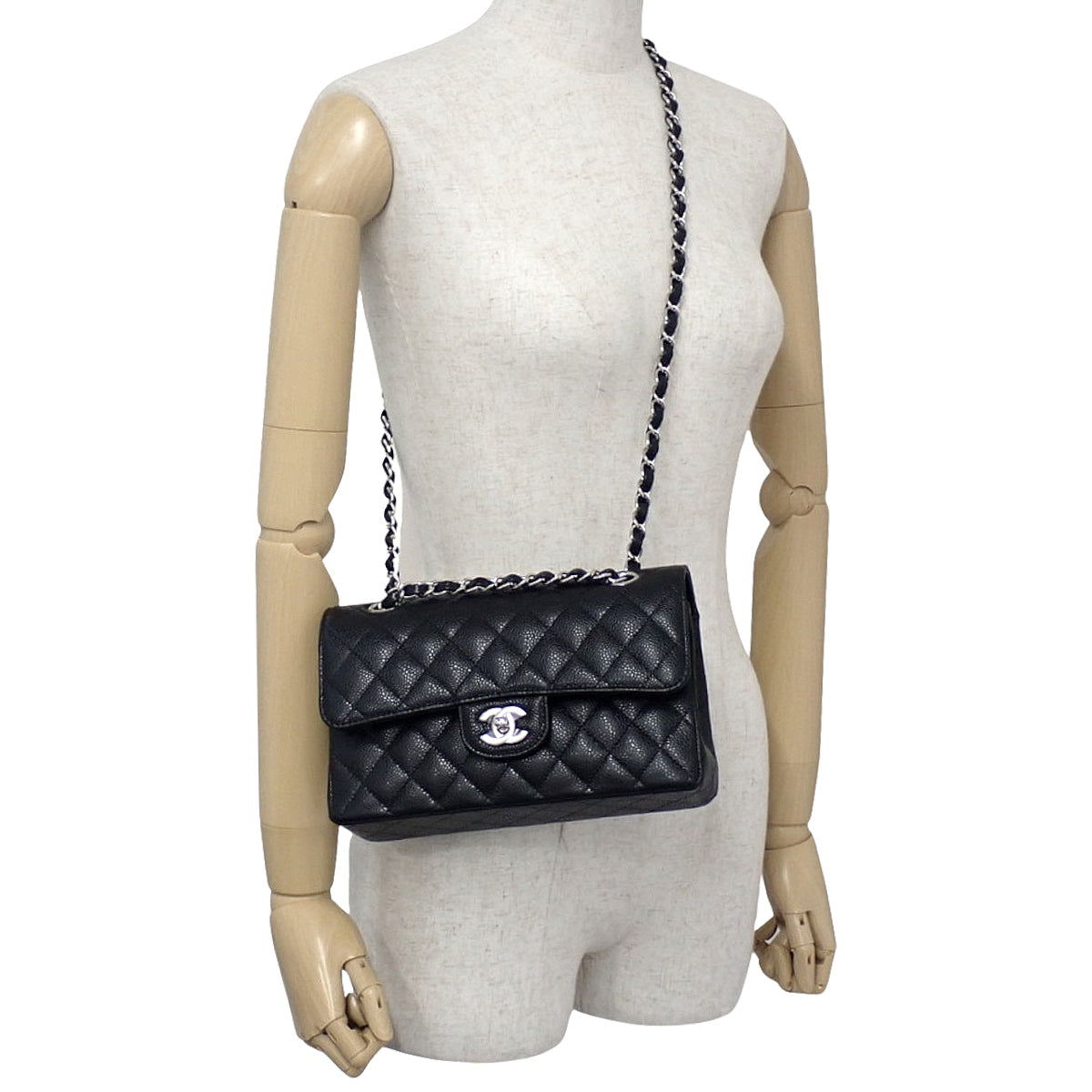 Matelasse Coco Mark Double Flap 23 Chain Shoulder Bag Caviar Skin Black A01113