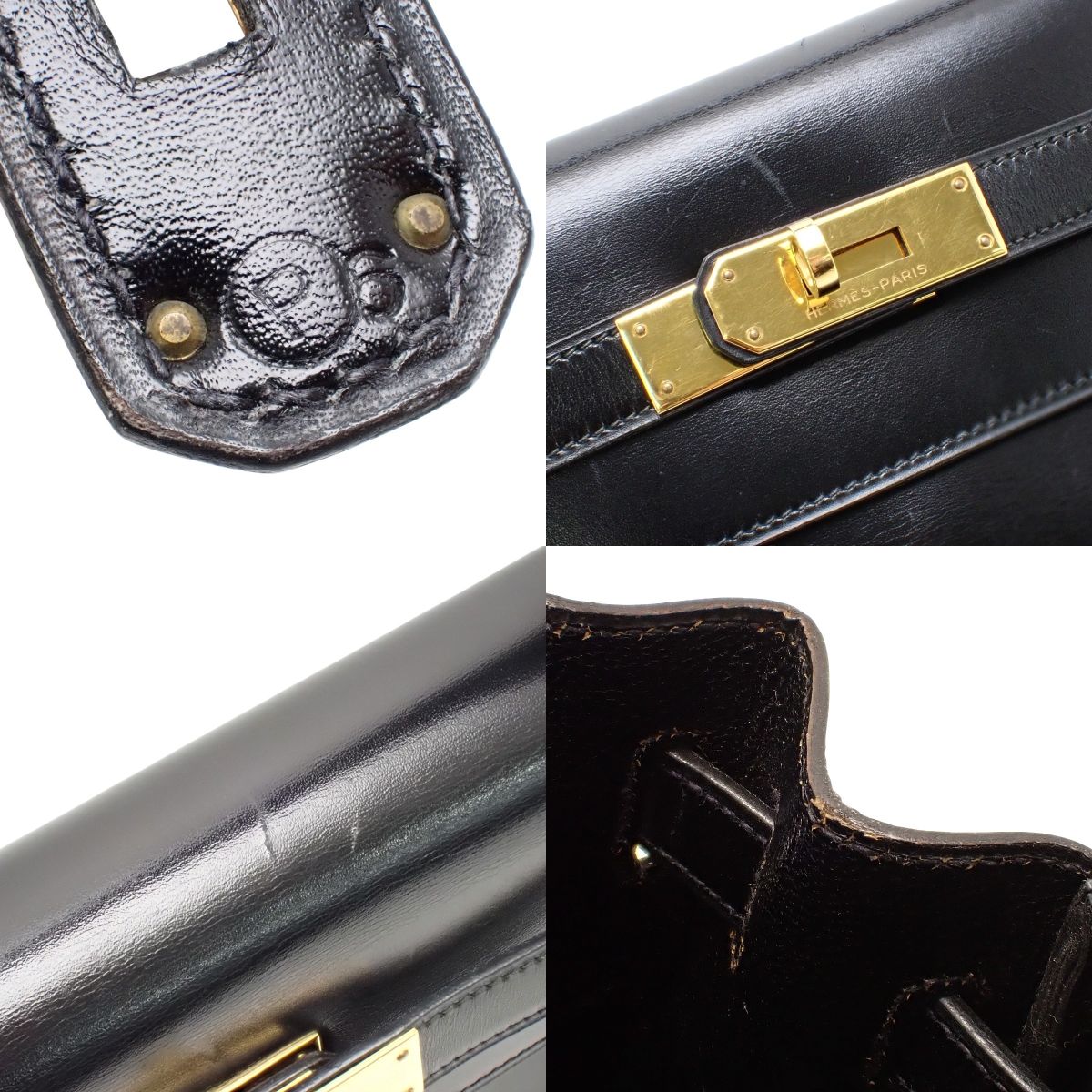 ケリー32 (内縫い) ボックスカーフ ブラック ゴールド金具 〇P刻印