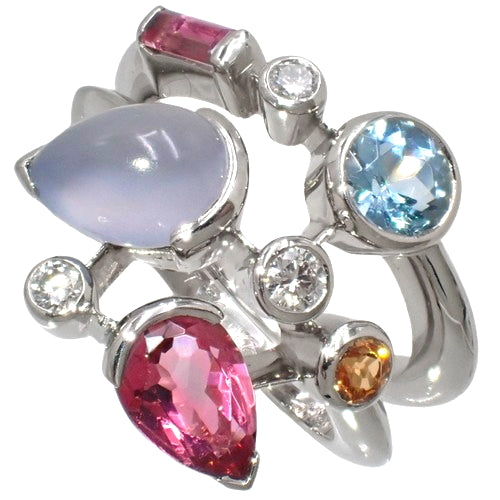 Merimelo Multi-Stone Ring: Calcedony/Pink Tourmaline/Aquamarine/Mandarin Garnet/Diamond, Platinum (Pt950) Jewelry Accessory