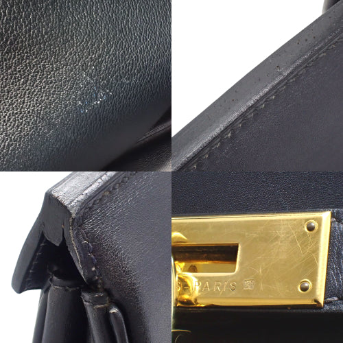 Birkin 40 Box Calf, Navy, Gold Hardware, □A stamp