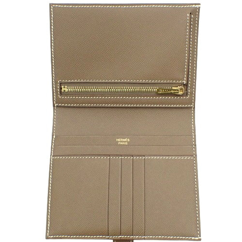 Bearn Compact Etoupe/Etoupe Veau Madame Gold Hardware W Stamp Bi-fold