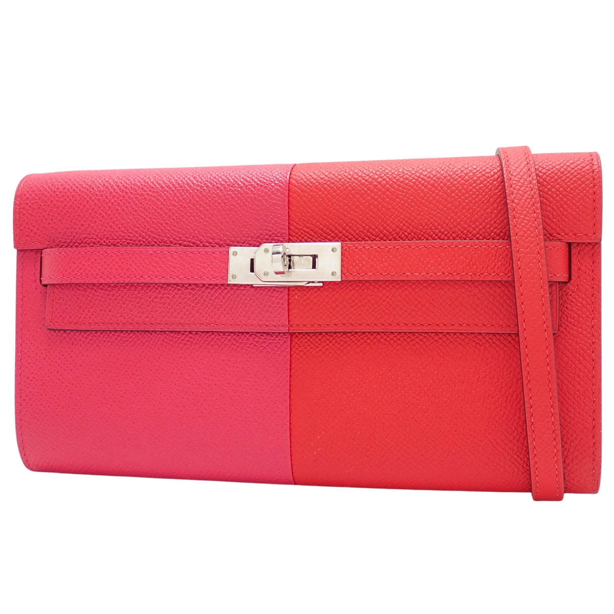 Kelly To-Go Kazak Wallet in Epsom leather with palladium hardware in Rouge Cou, Rose Extreme, or Blue Zanzibar with a "Y" stamp