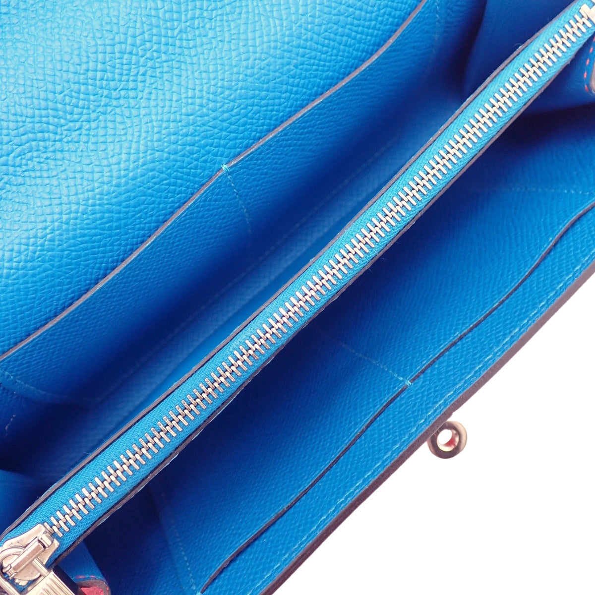 Kelly To-Go Kazak Wallet in Epsom leather with palladium hardware in Rouge Cou, Rose Extreme, or Blue Zanzibar with a "Y" stamp
