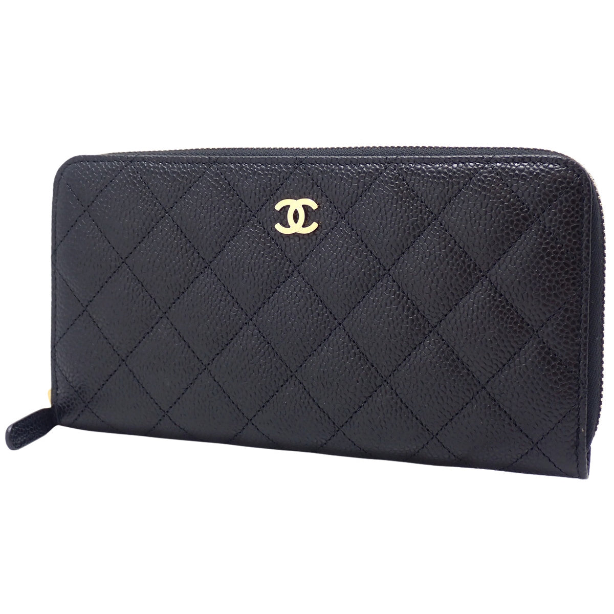 Matelasse Coco Mark Round Zipper Long Wallet in Caviar Leather, Black, A50097