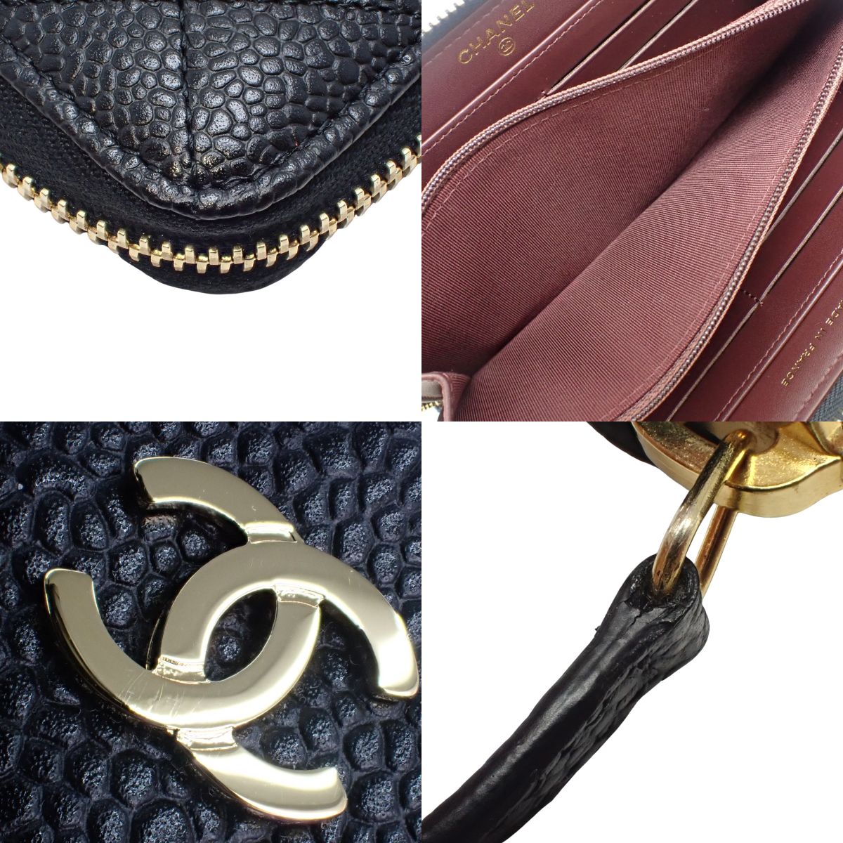 Matelasse Coco Mark Round Zipper Long Wallet in Caviar Leather, Black, A50097