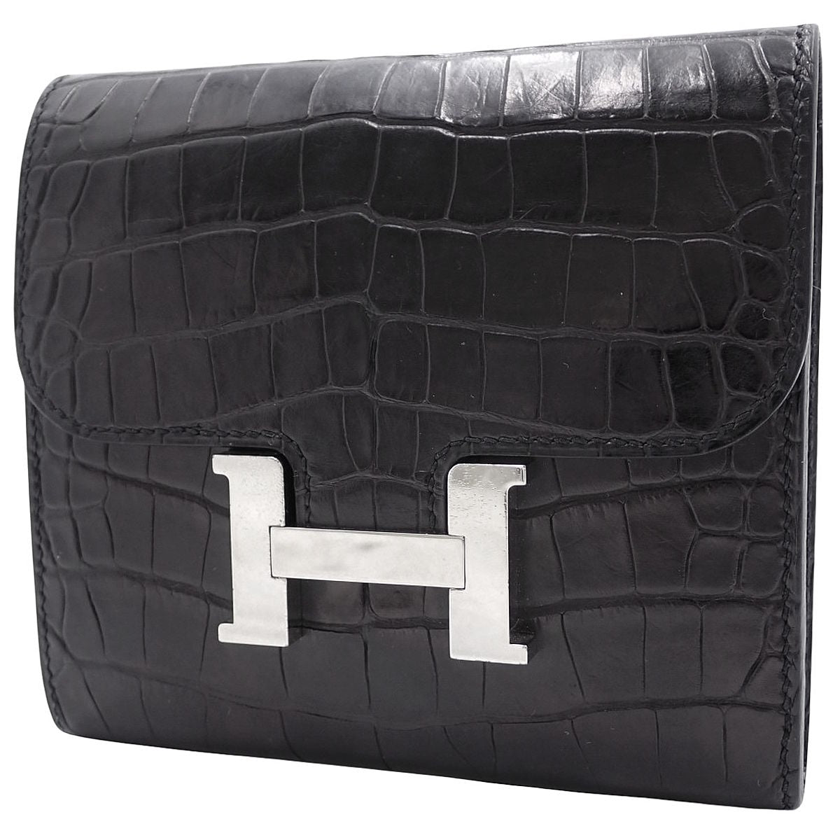 Constance Compact Alligator Black Silver Hardware C Stamp