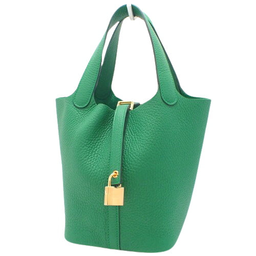 Picotin Lock PM Vert Verdigo Tote Bag in Taurillon Clemence Leather with Gold Hardware and W Stamp