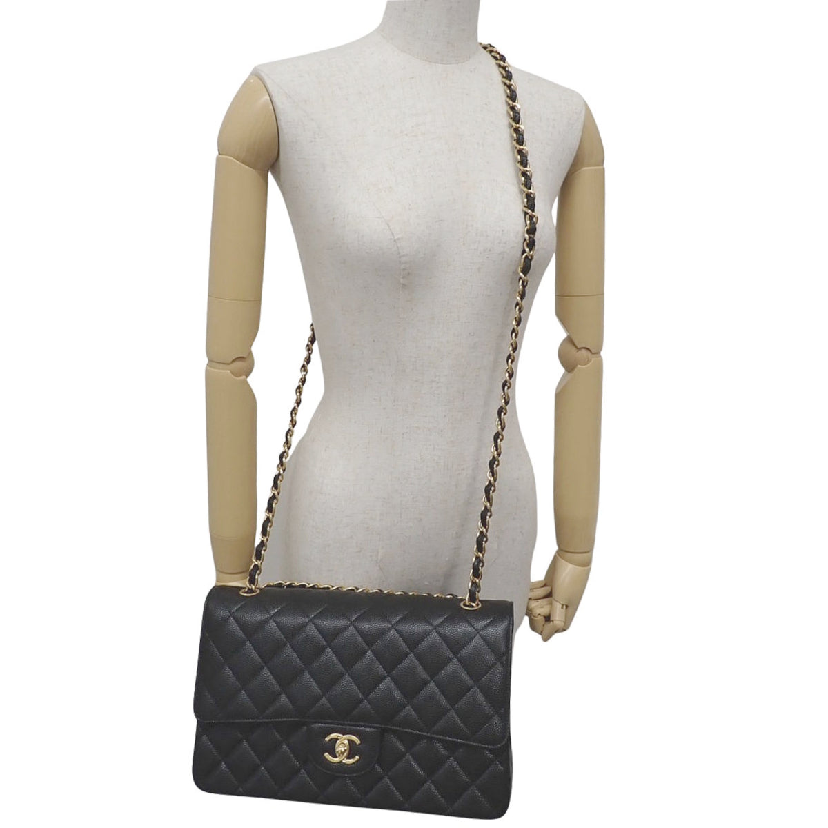 Matelasse Coco Mark Double Flap Chain Shoulder Bag in Black Caviar Skin, Dekamato 30