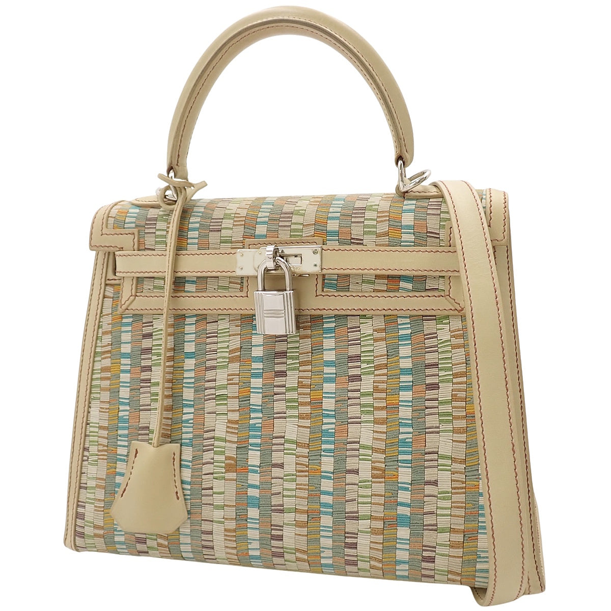 Kelly 25 (Outside Stitch) Barenia Vibrato Snips, Palladium Hardware, Beige, Silver Hardware, E Stamp