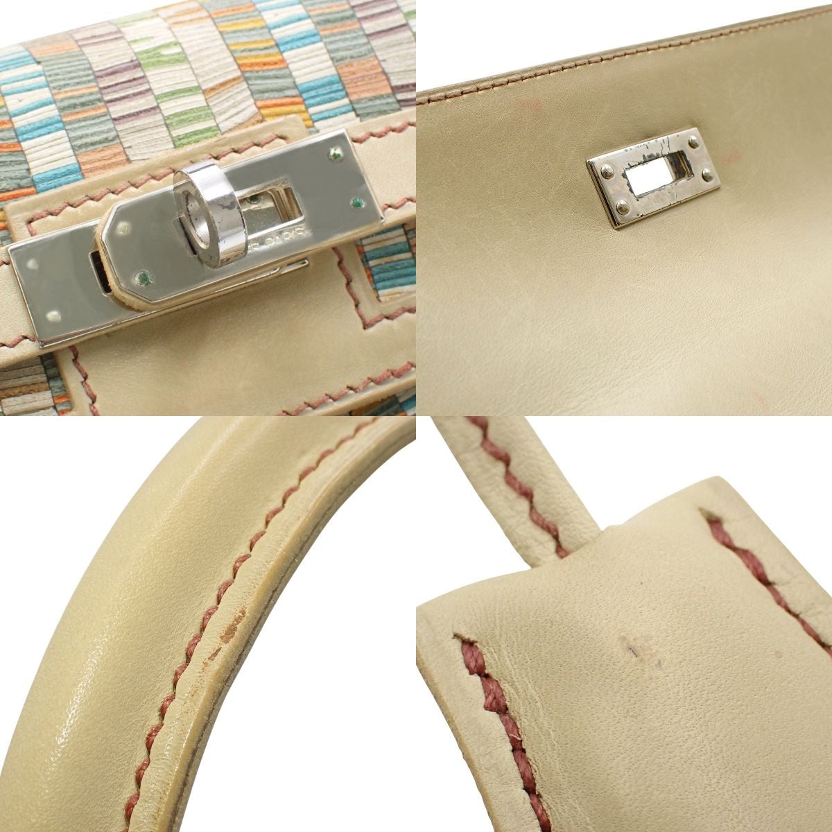 Kelly 25 (Outside Stitch) Barenia Vibrato Snips, Palladium Hardware, Beige, Silver Hardware, E Stamp