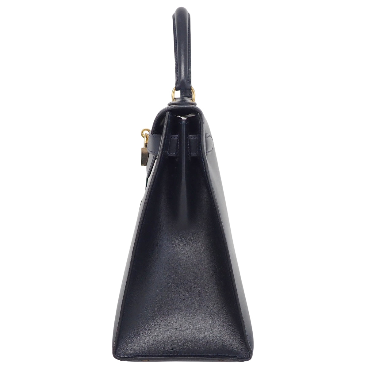 Kelly 28 (Outer Stitch) Navy Box Calf Leather with Gold Hardware and V Stamp