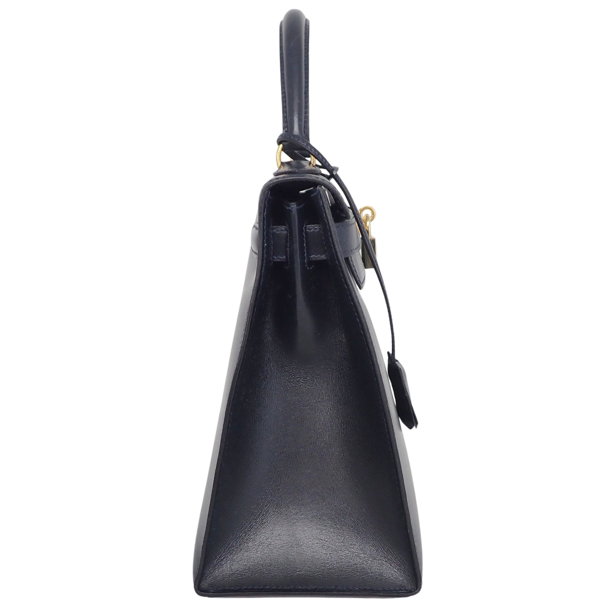 Kelly 28 (Outer Stitch) Navy Box Calf Leather with Gold Hardware and V Stamp