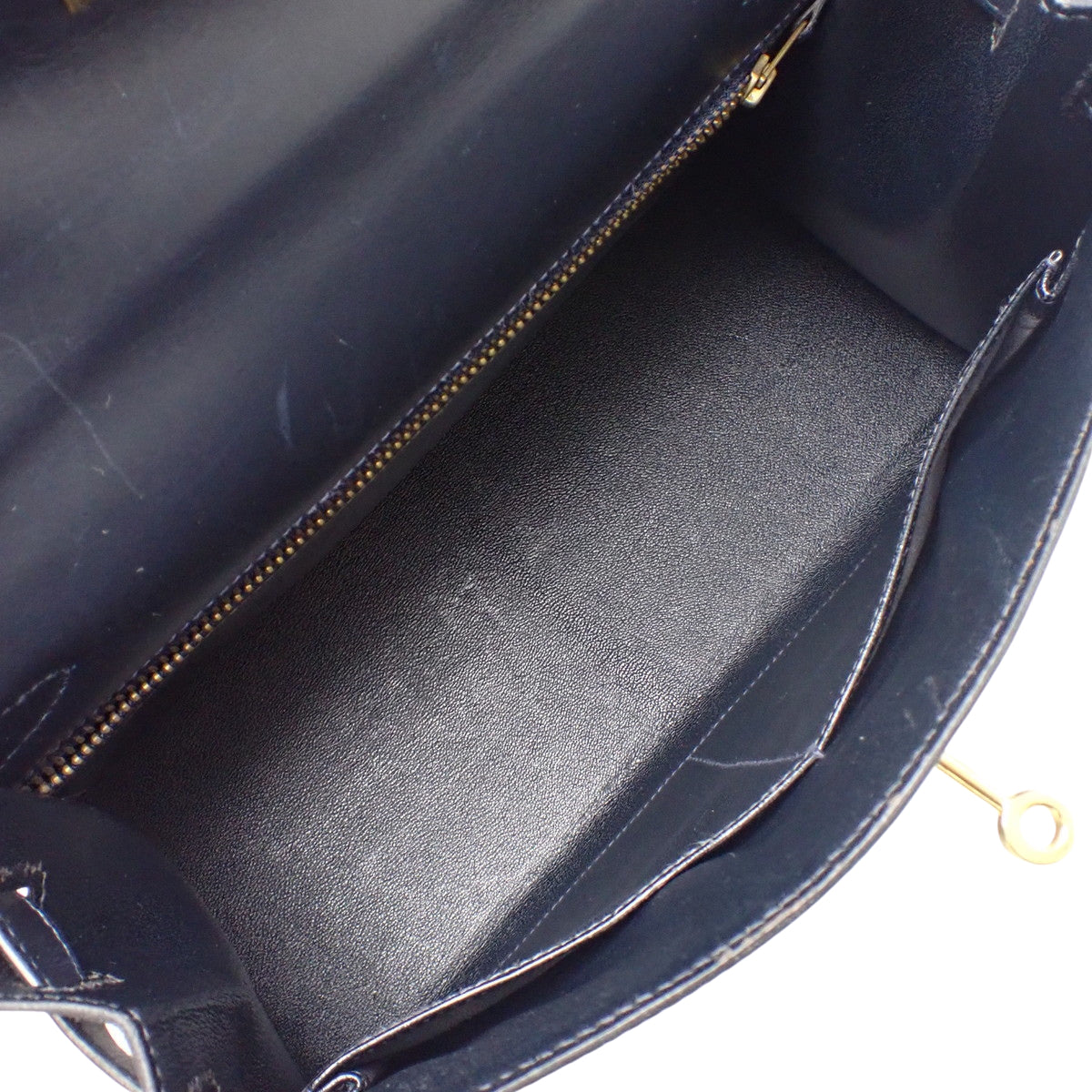 Kelly 28 (Outer Stitch) Navy Box Calf Leather with Gold Hardware and V Stamp
