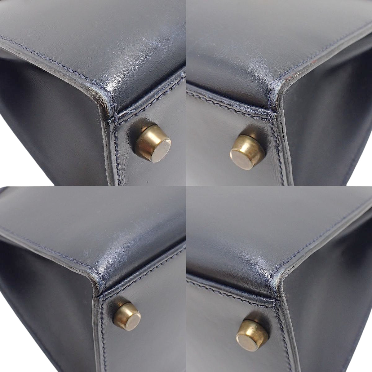 Kelly 28 (Outer Stitch) Navy Box Calf Leather with Gold Hardware and V Stamp