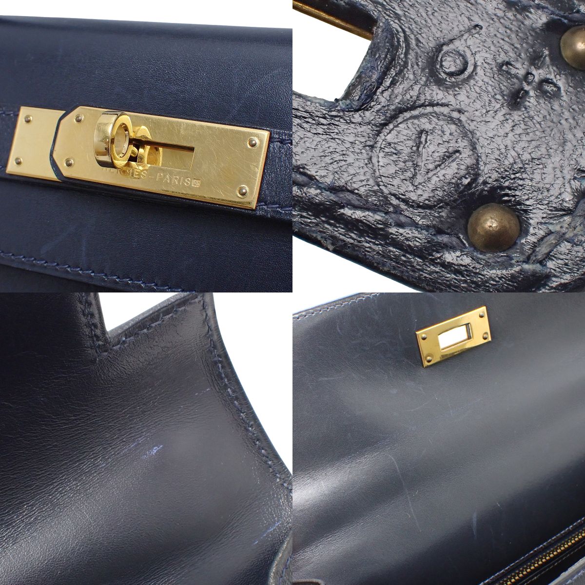 Kelly 28 (Outer Stitch) Navy Box Calf Leather with Gold Hardware and V Stamp