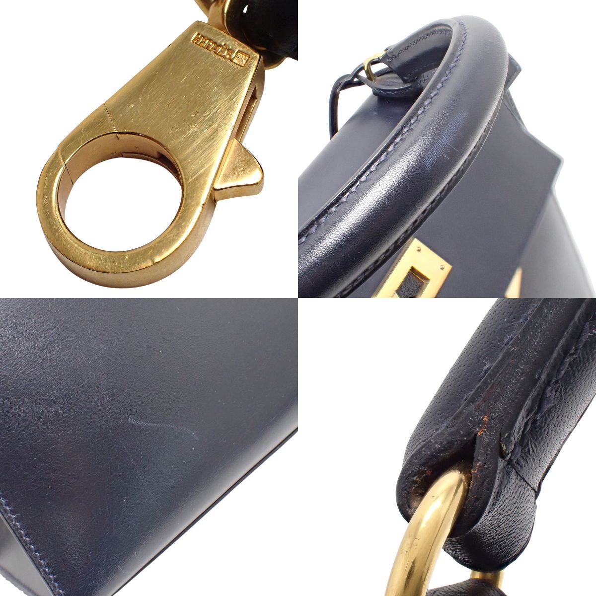Kelly 28 (Outer Stitch) Navy Box Calf Leather with Gold Hardware and V Stamp