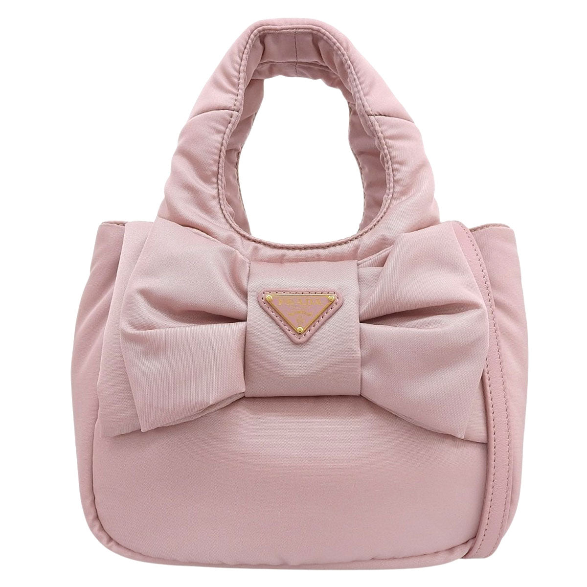 リボン付 パデッドRe-Nylon ミニバッグ ナイロン レザー ピンク 1BA359