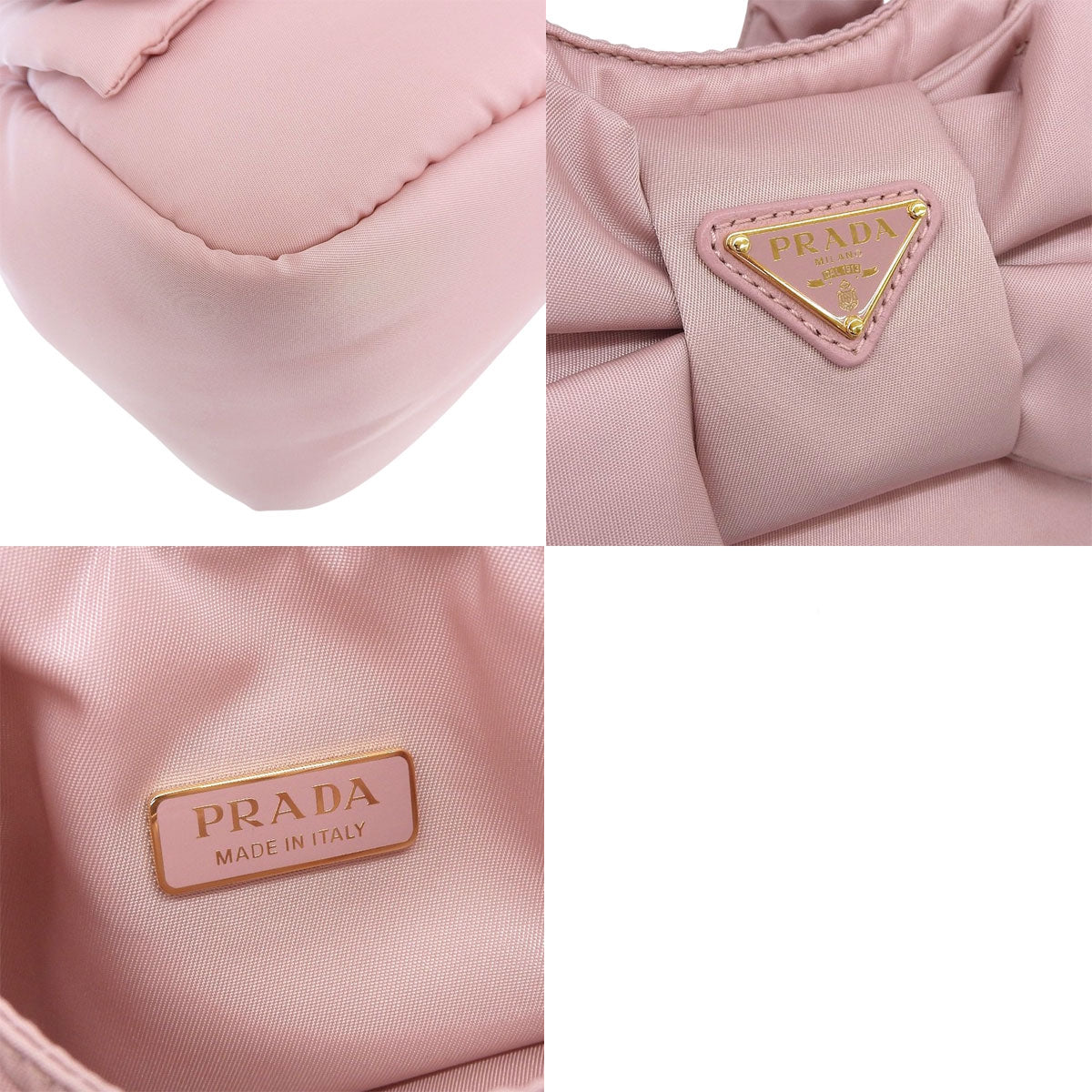 リボン付 パデッドRe-Nylon ミニバッグ ナイロン レザー ピンク 1BA359