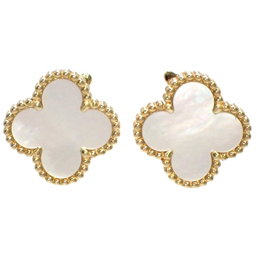 Vintage Alhambra Earrings, Mother-of-Pearl, Yellow Gold (K18YG), Accessory, Jewelry, Flower Motif, Clover