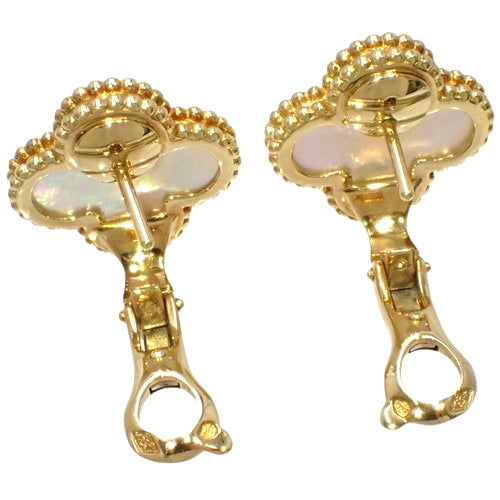 Vintage Alhambra Earrings, Mother-of-Pearl, Yellow Gold (K18YG), Accessory, Jewelry, Flower Motif, Clover