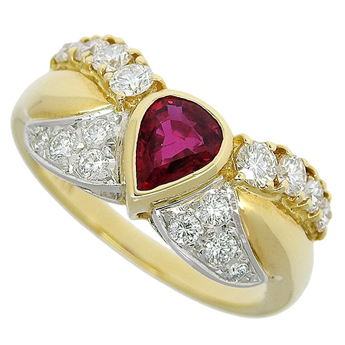 水滴形红宝石和钻石戒指,红宝石/钻石 R0.67/D0.59,K18 黄金(YG,Pt950 铂金)