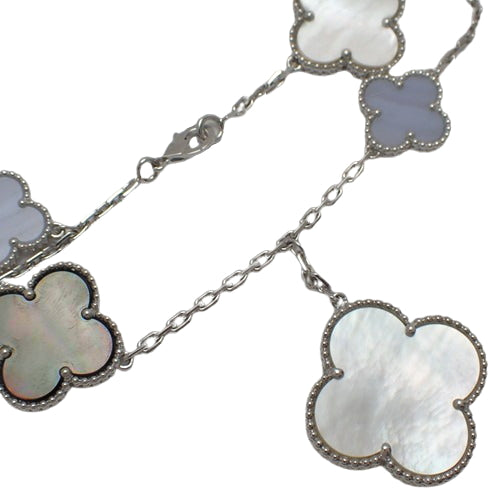 Magic Alhambra 5-Motif Bracelet with Mother-of-Pearl/Chalcedony and 18K White Gold with Clover Motif