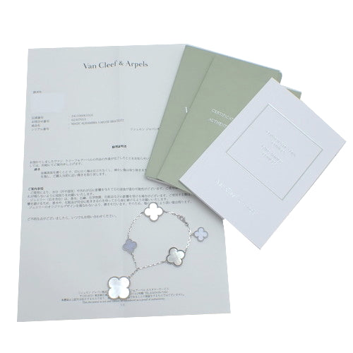 Magic Alhambra 5-Motif Bracelet with Mother-of-Pearl/Chalcedony and 18K White Gold with Clover Motif