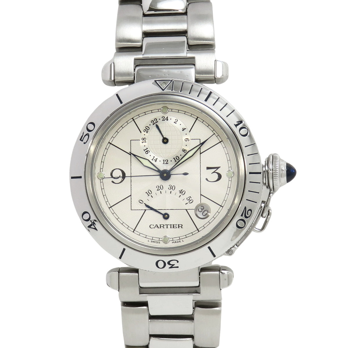W31037H3 Pasha 38 GMT Power Reserve Stainless Steel Automatic White Blue Spinel