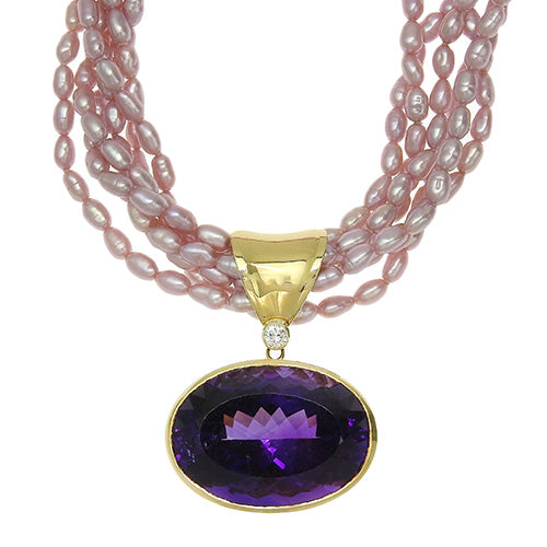 六串项链,镶嵌珍珠、紫水晶和钻石,AM39.98,D0.14,18K 黄金,YG,珍珠