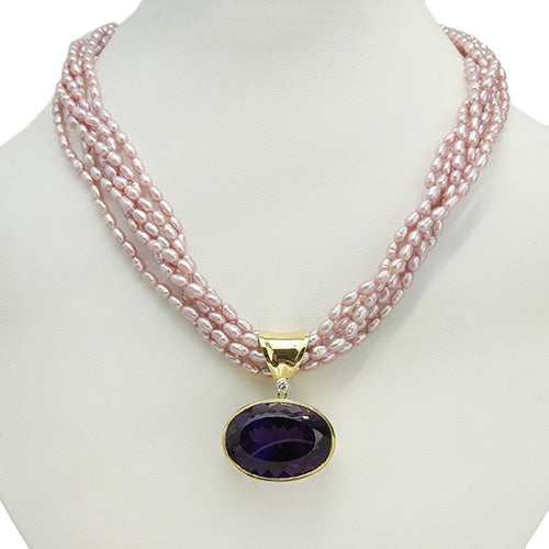 Six-strand necklace with pearl, amethyst, and diamonds, AM39.98, D0.14, 18K yellow gold, YG, pearl