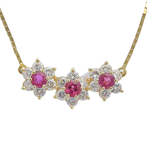 红宝石和钻石三排花项链 R0.57/D0.83 K18 黄金 YG