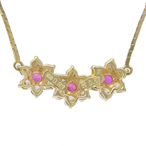 红宝石和钻石三排花项链 R0.57/D0.83 K18 黄金 YG