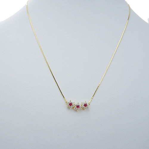 红宝石和钻石三排花项链 R0.57/D0.83 K18 黄金 YG