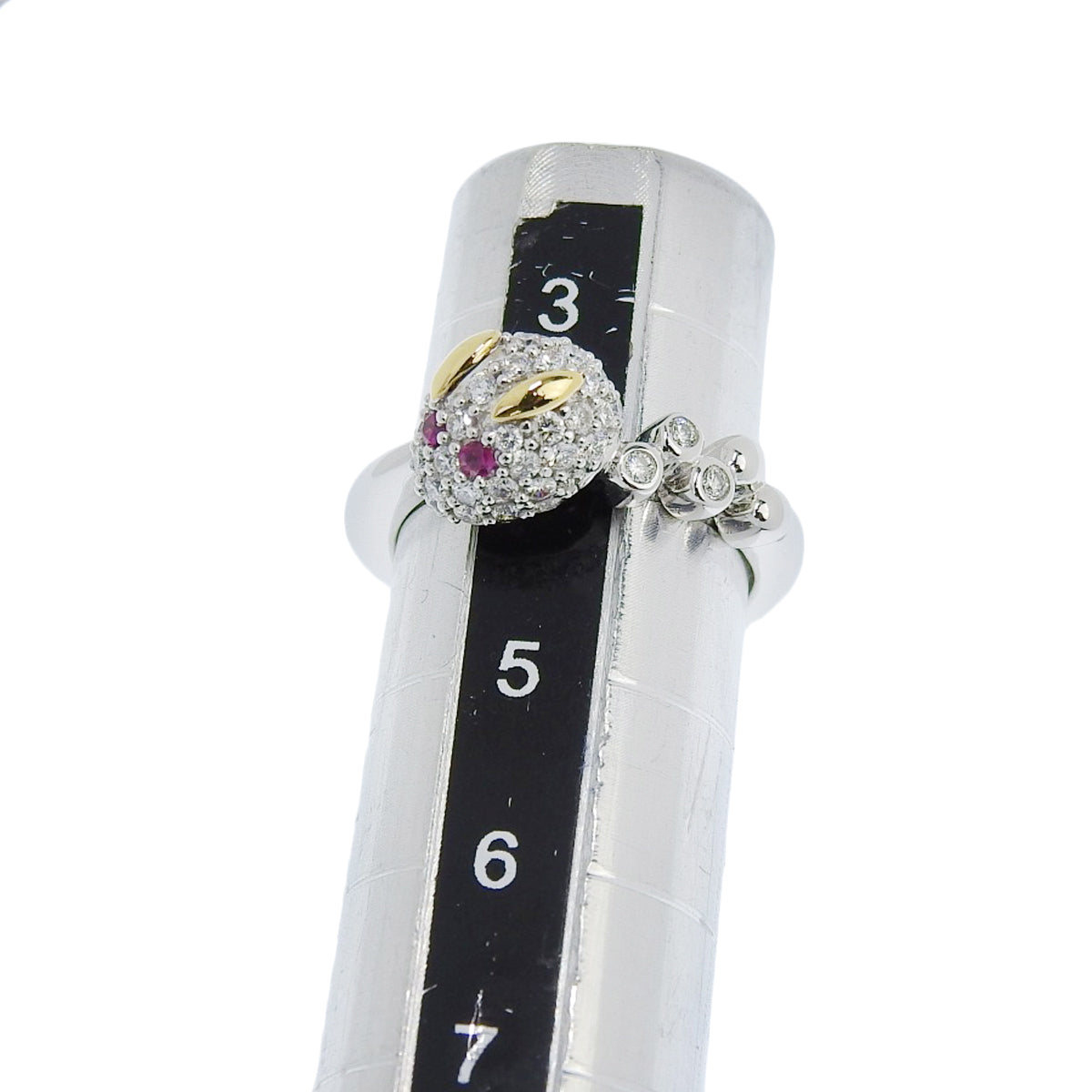 Ruby and Diamond Rabbit Ring, R0.01/D0.37, 18K White Gold (WG) and 18K Yellow Gold (YG), Snow Rabbit Design