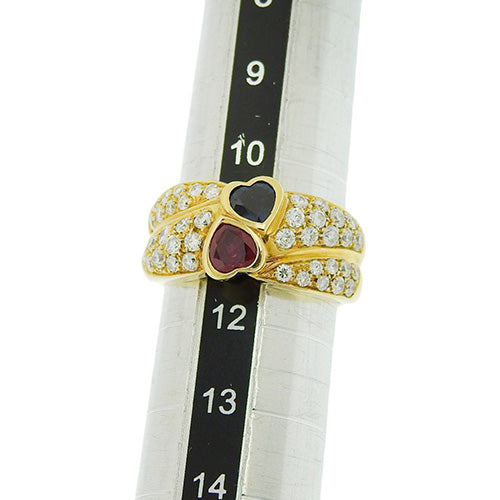 红宝石和蓝宝石心形戒指,D0.89/R0.40/S0.34,18K 黄金