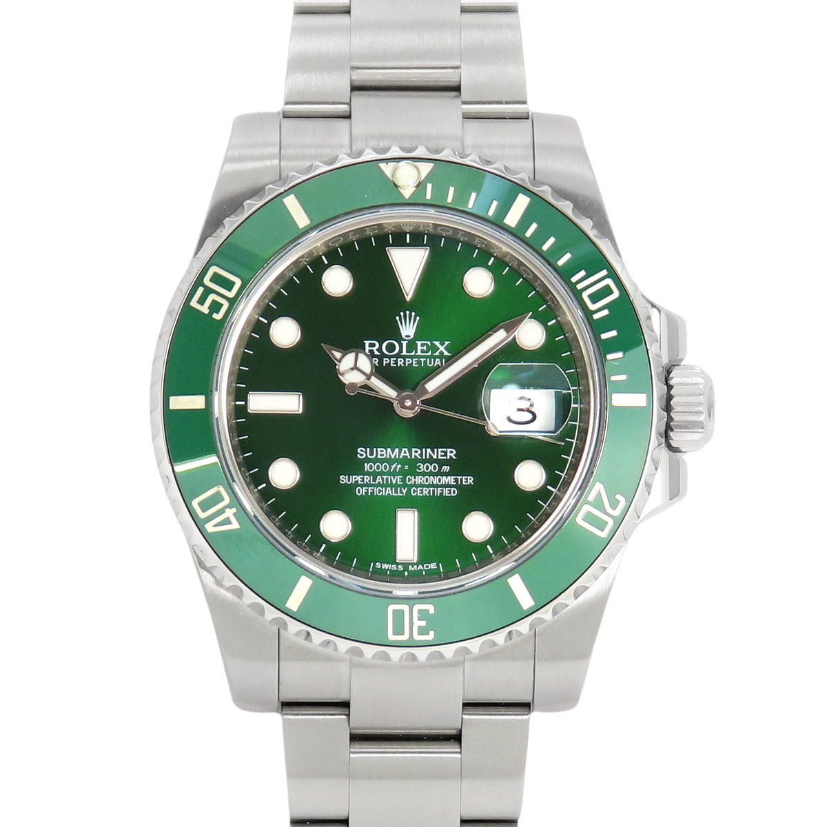 116610LV潜航者型日期型腕表,不锈钢材质,随机编号,自动上链,绿色表盘。