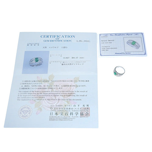 Emerald and Diamond Ring E0.857/D0.37 Pt900 Platinum