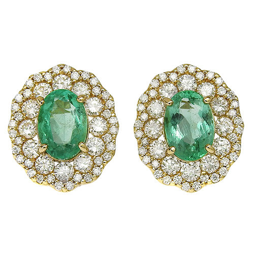 Emerald and Diamond Earrings: Emeralds 0.94ct, 0.97ct / Diamonds 0.60ct, 0.60ct, 18K Yellow Gold, Pavé Setting. Jewelry Accessory.