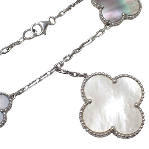 Magic Alhambra Bracelet, 5 Motifs, White Mother-of-Pearl/Grey Mother-of-Pearl/Chalcedony, 18K White Gold, WG