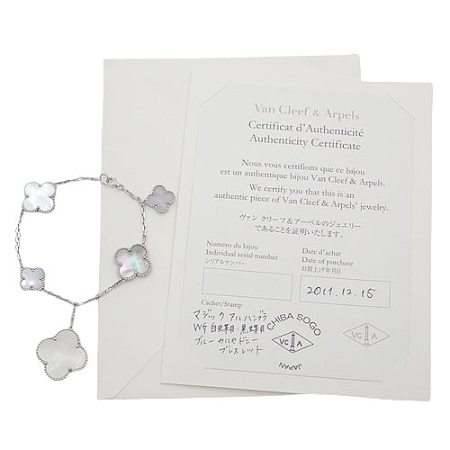 Magic Alhambra Bracelet, 5 Motifs, White Mother-of-Pearl/Grey Mother-of-Pearl/Chalcedony, 18K White Gold, WG