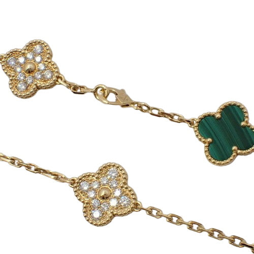 Vintage Alhambra Long Necklace, 20 Motifs, Malachite and Diamond, 18K Yellow Gold