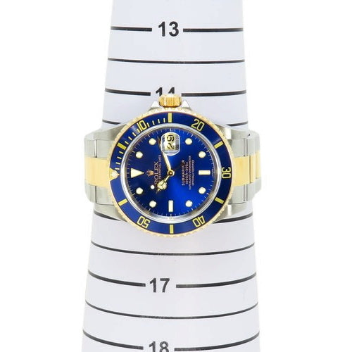 16613 型号潜航者型腕表,黄金/不锈钢材质,U字头编号,自动上链,蓝色表盘。