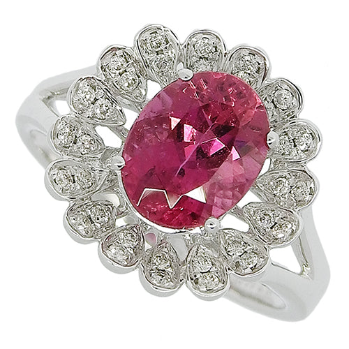 Pink tourmaline and diamond flower motif ring, PT2.15/D0.16, 18K white gold, WG