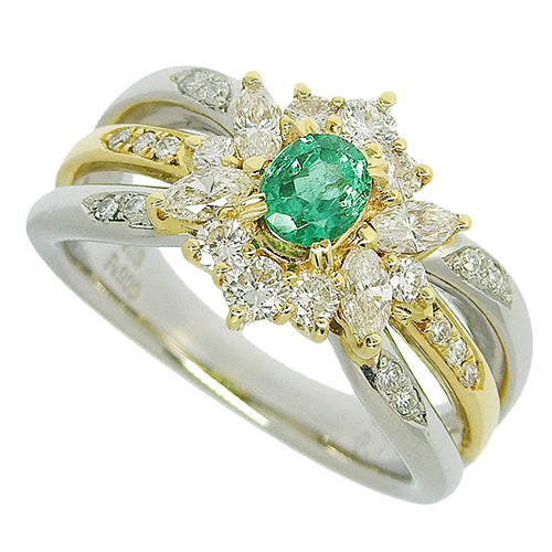 Emerald and Diamond Ring, E0.36/D0.71, Pt900 Platinum, K18 Yellow Gold, YG