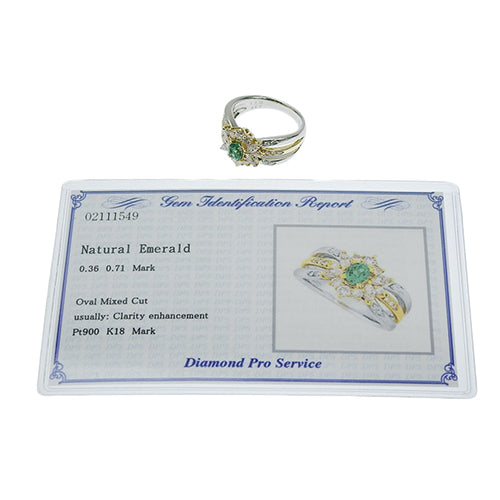 Emerald and Diamond Ring, E0.36/D0.71, Pt900 Platinum, K18 Yellow Gold, YG
