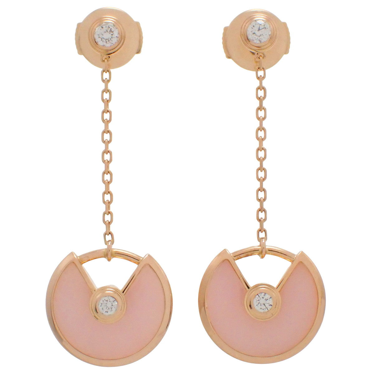 Amulet earrings with diamonds and pink opals in pink gold and 18K pink gold.