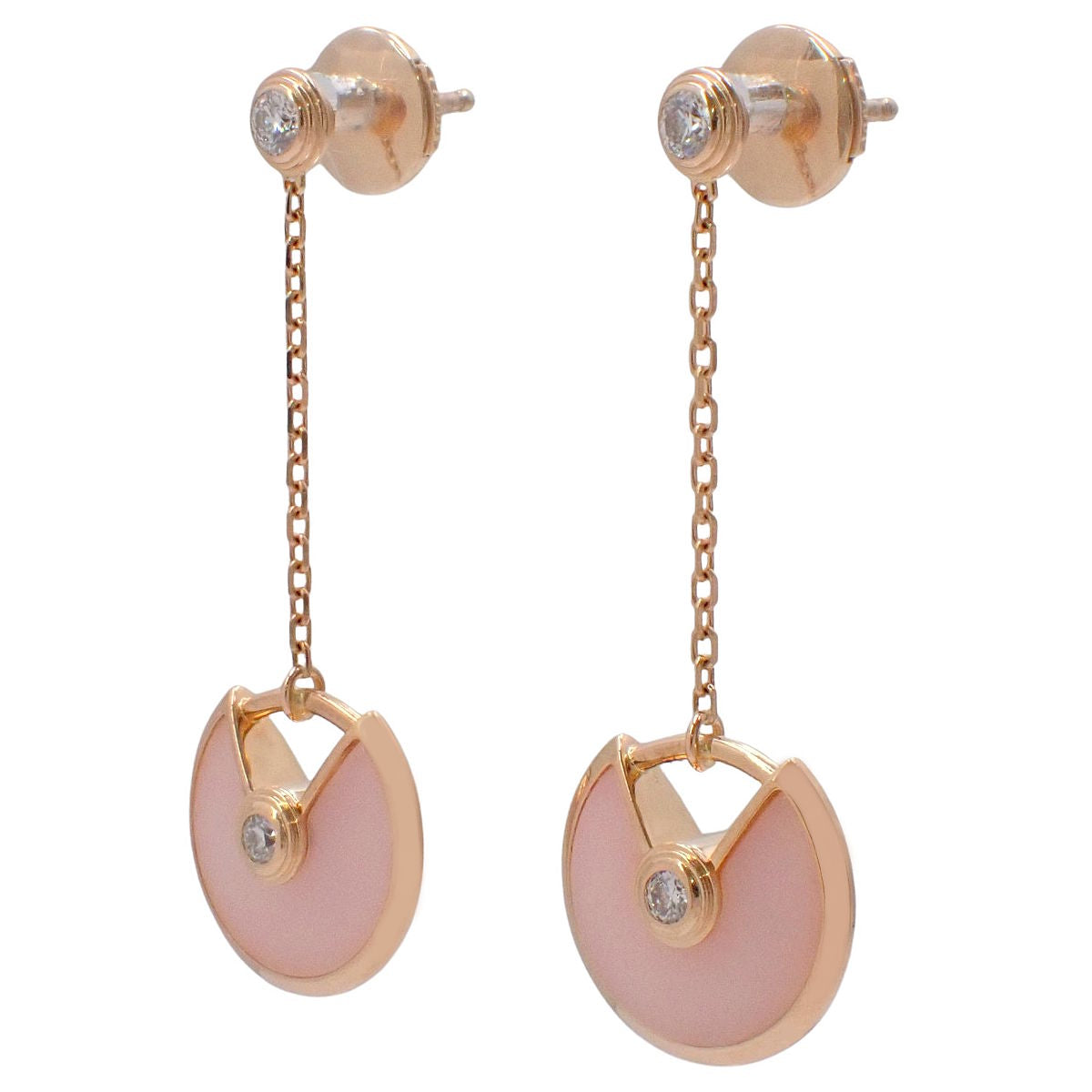 Amulet earrings with diamonds and pink opals in pink gold and 18K pink gold.