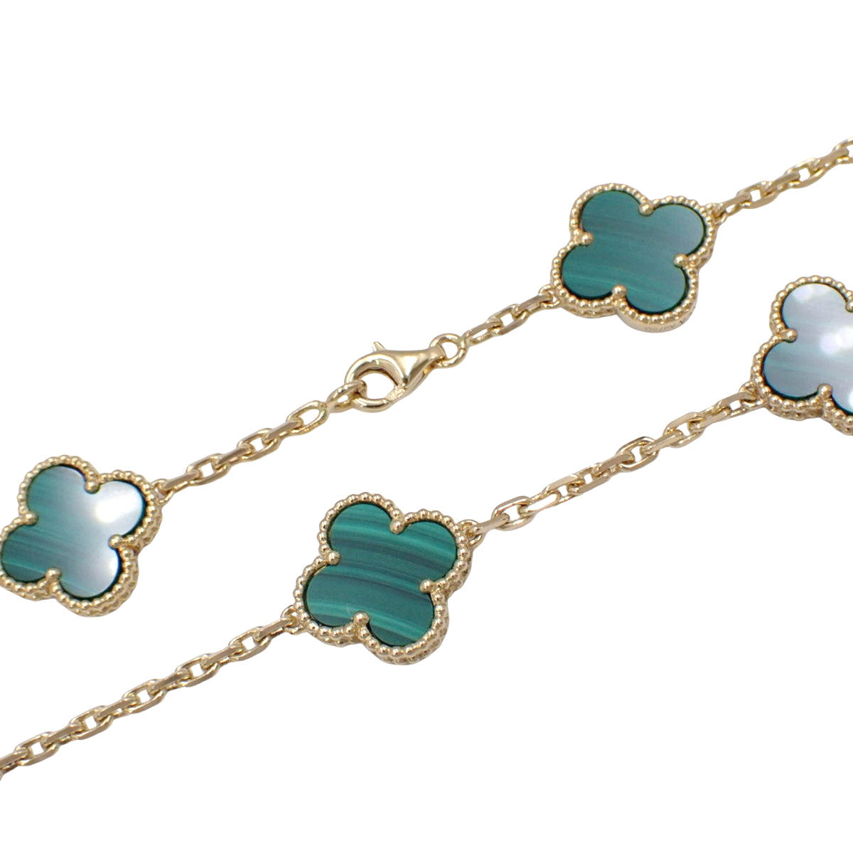 Vintage Alhambra Long Necklace, 20 Motifs, Malachite, 18K Yellow Gold, YG, Accessory, Jewelry, Flower Motif