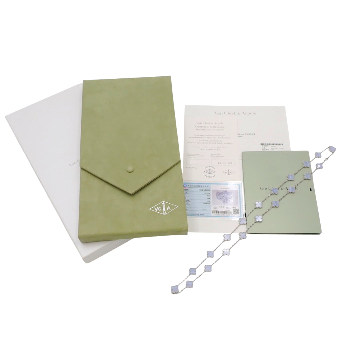 复古 Alhambra 长项链,20 个图案,玉髓,18K 白金,白金